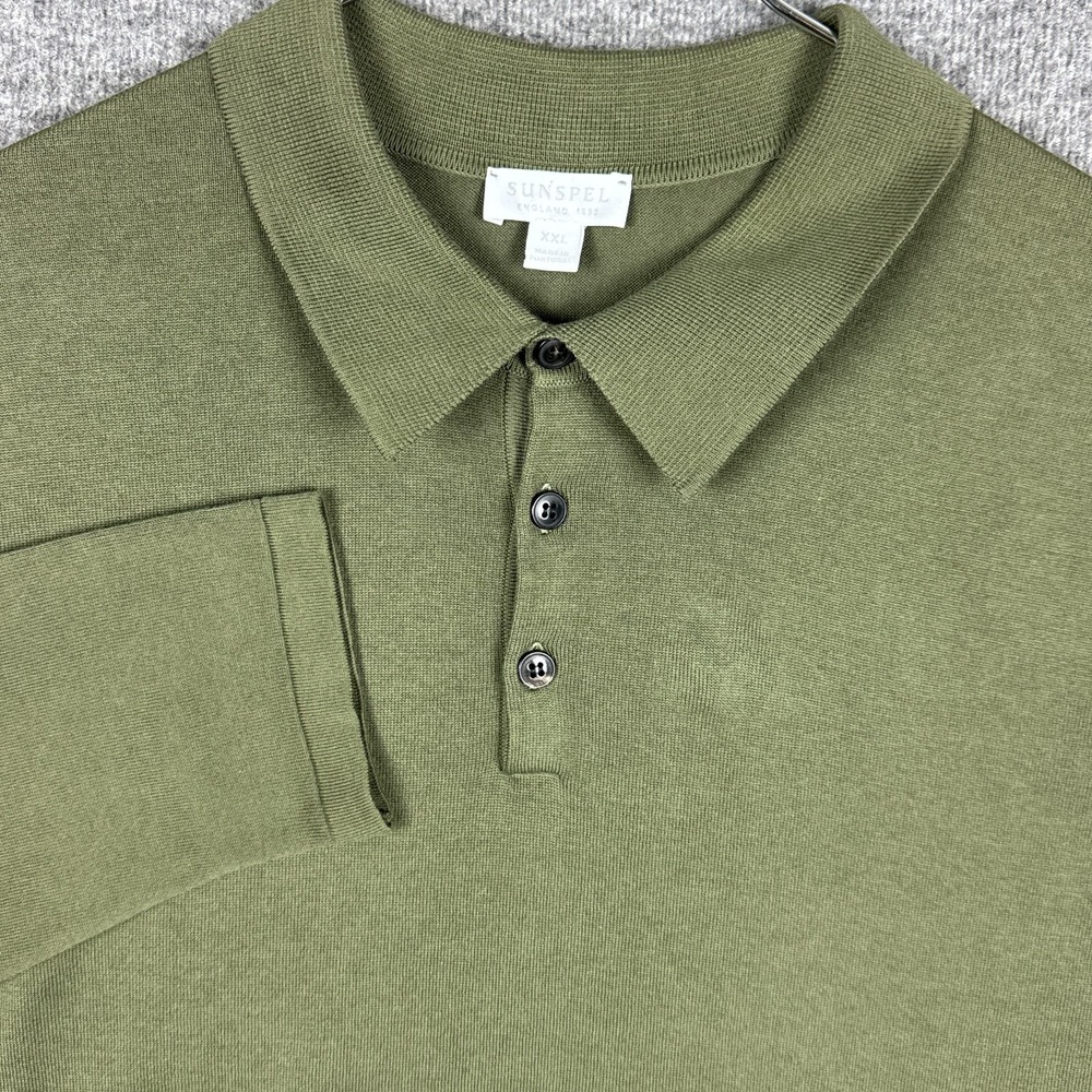 Sunspel Sea Island Polo Shirt Mens XXL Green Long Sleeve Cotton Knit